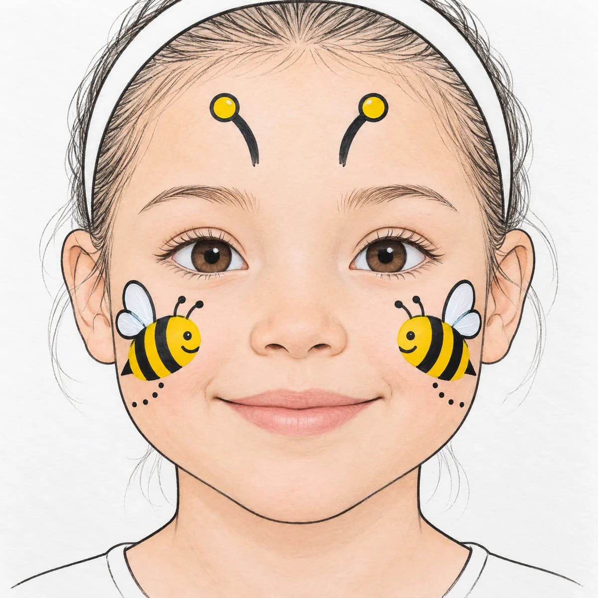 Maquillage d'abeille facile pour enfant : Sur chaque joue, tu portes une abeille jaune d’environ trois centimètres de long, traversée de deux rayures noires. Deux petites ailes blanc