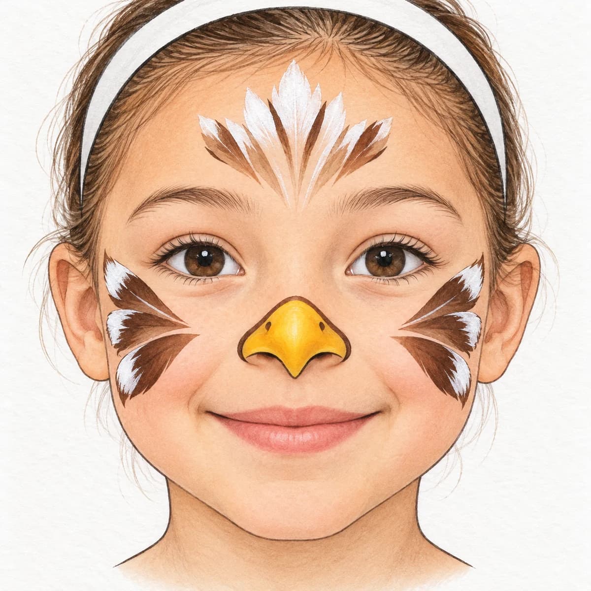 Maquillage d'aigle facile pour enfant : Tu portes un petit bec jaune sur le bout du nez, souligné d’un trait brun. Sur chaque joue, trois grandes plumes chocolat s’ouvrent vers les