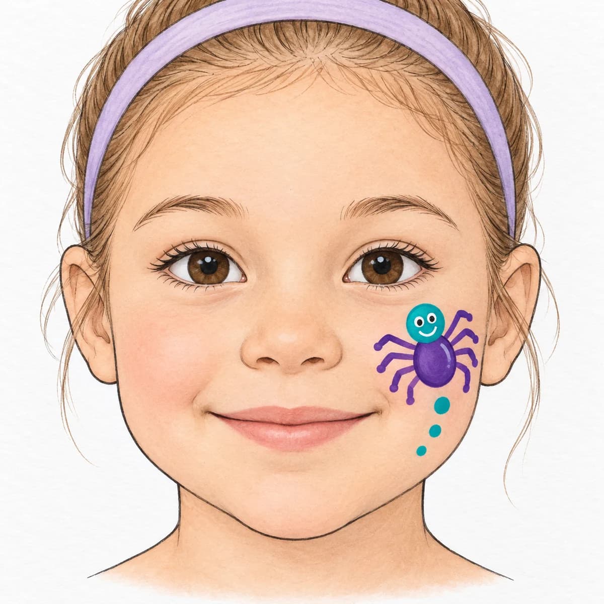 Maquillage d'araignée gentille facile pour enfant : Sur ta joue, tu découvres une araignée violette d’environ quatre centimètres de large, pattes comprises. Son corps forme une petite poire ar